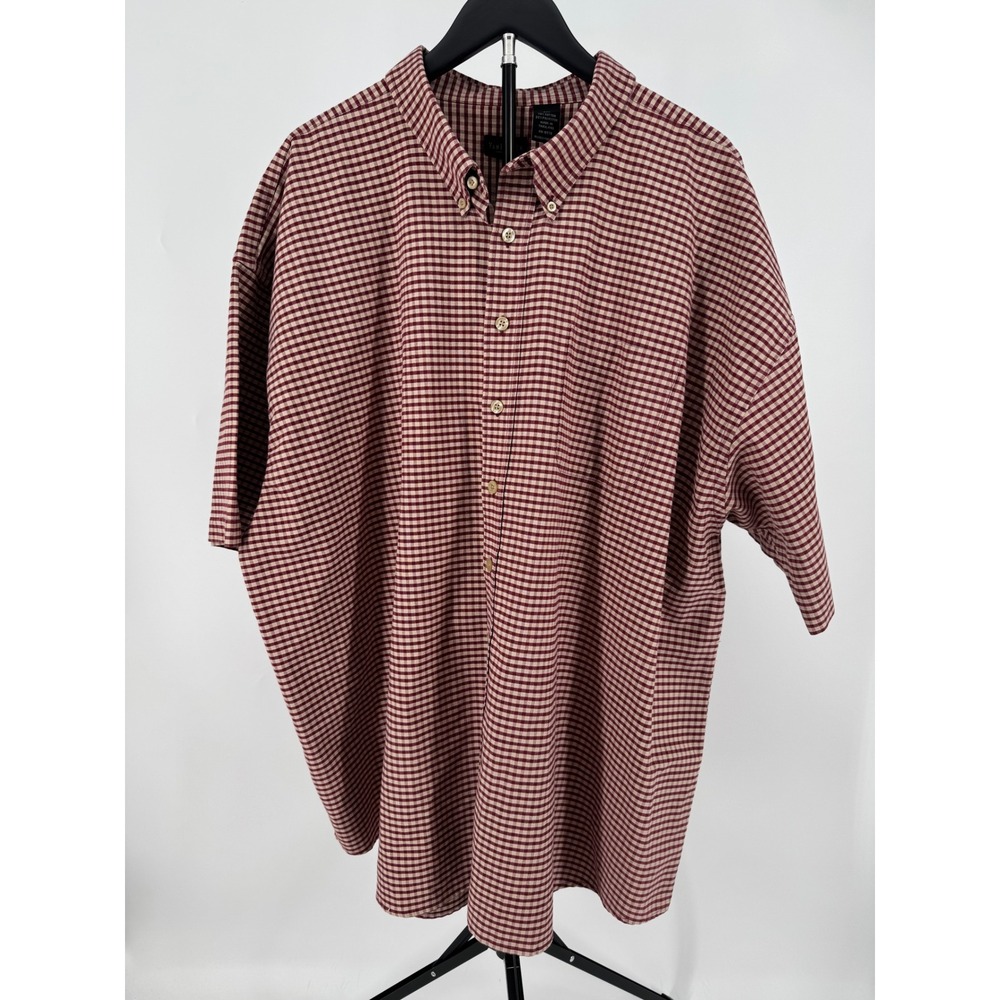 Van Heusen Mens 3XL Gingham Plaid Short Sleeve Button Down Shirt Burgundy Cream